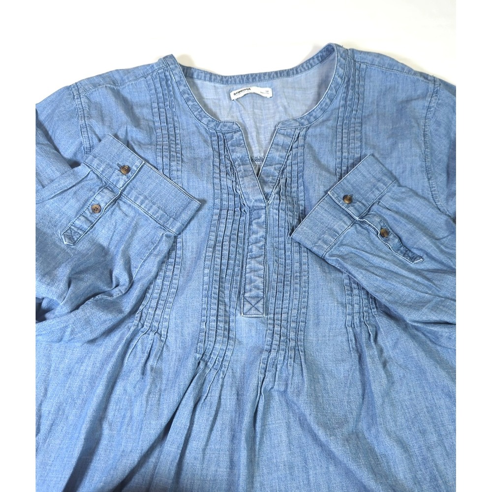 Plus Size 3X  Shift Tunic Dress Cotton Lg Sleeve Pintuck Chambray Blue Relaxed